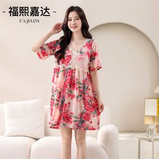 夏季 蕾丝洋气宽松舒适可外穿家居服 薄款 v领甜美减龄睡裙网红爆款