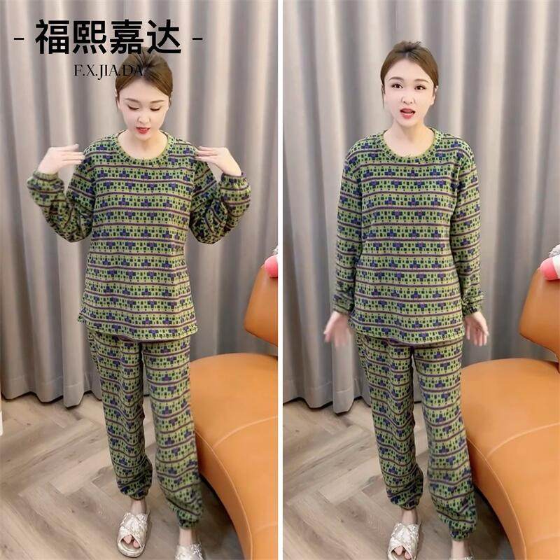 网红洋气软绵绵摇粒绒睡衣套装时尚宽松圆领慵懒风加绒家居服套装