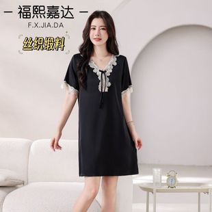 福熙嘉达夏季薄款女士丝织缎料高档睡裙女宽松大码气质睡衣可外出