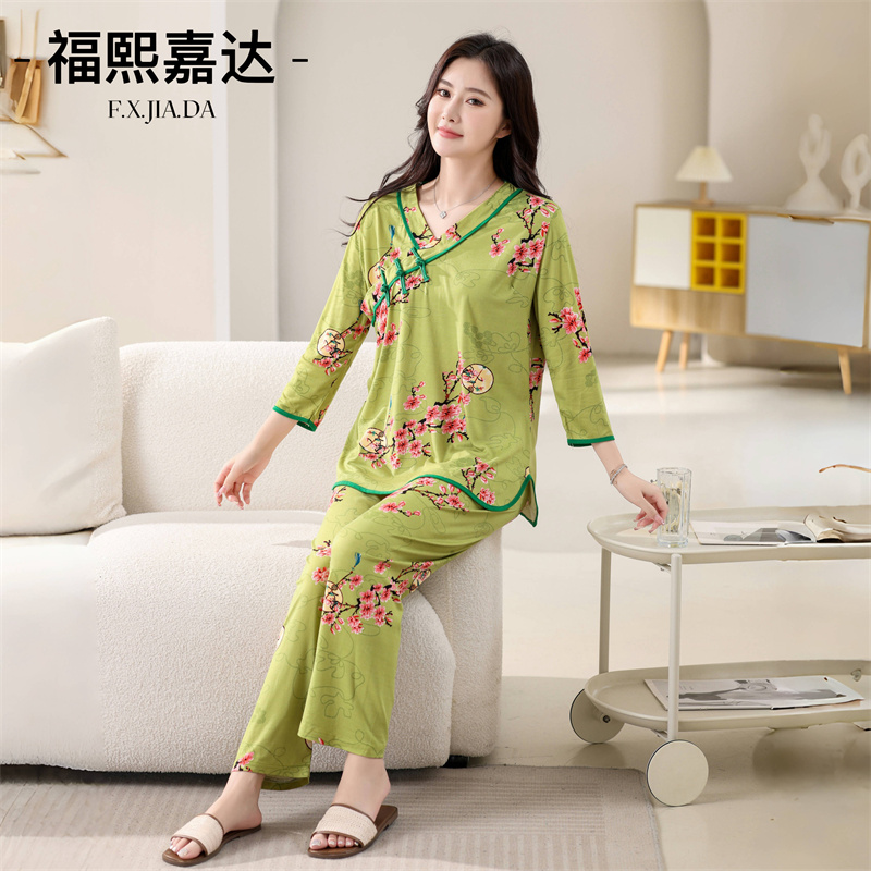 2024新款秋季睡衣女东北大花国风新中式家居服套装大码外穿两件套