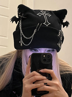 日系亚文化原创朋克猫耳帽 十字架链条毛线帽链条酷帅帽子