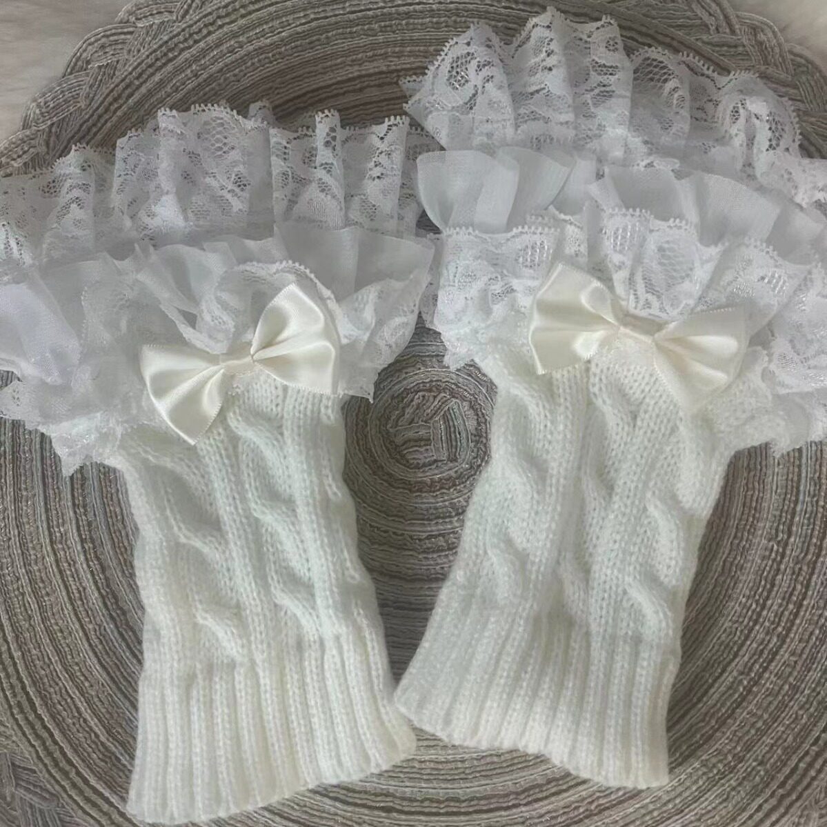 千禧年y2k辣妹蕾丝花边蝴蝶结可爱少女针织麻花手袖假袖子手套女