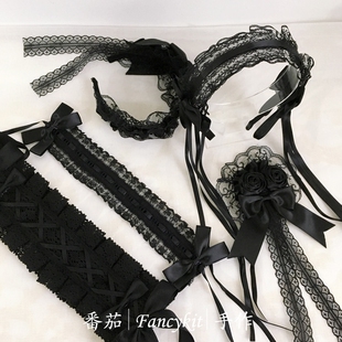 FanQ手作 暗黑Lolita黑色发带女仆发饰哥特lo娘头饰KC发箍胸针