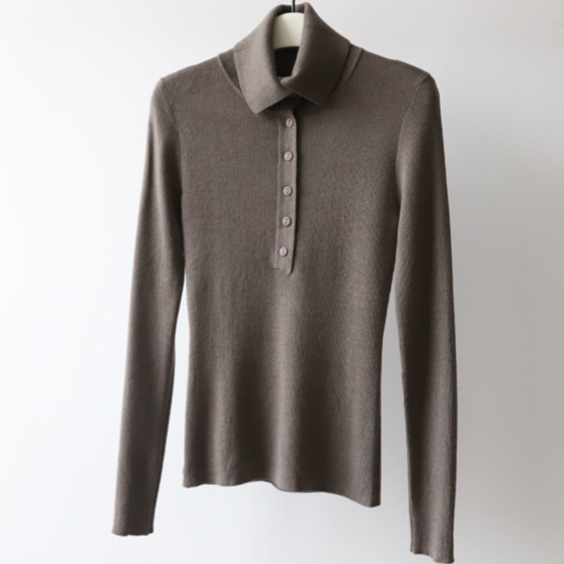 翻领纽扣羊毛混纺长袖针织衫