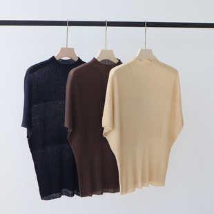 莱赛尔天丝春夏新款针织衫短袖设计感半高领连肩袖中袖T恤女夏季