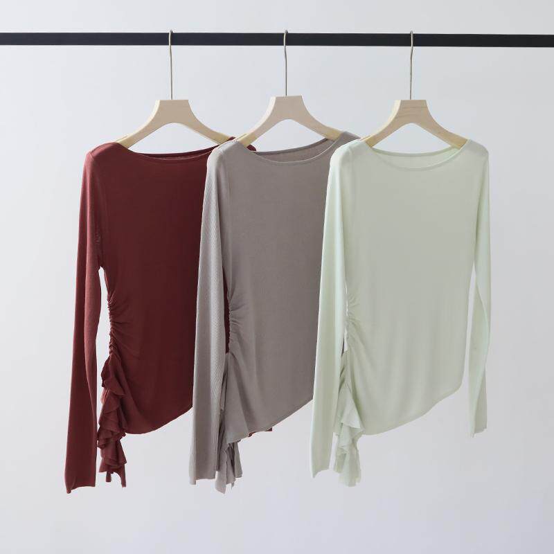 天丝混纺桑蚕丝针织衫女长袖设计感褶皱修身一字领早春新款上衣女