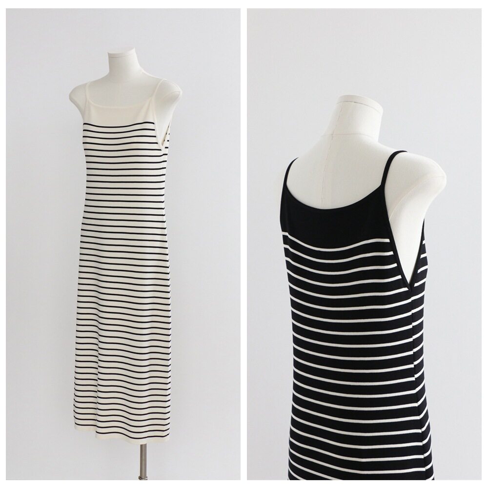 今年流行的裙子女夏季吊带裙连衣裙新款细支曲珠条纹打底裙一字领