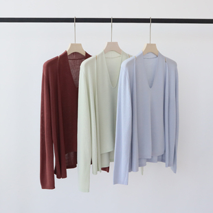 早春新款穿搭天丝混纺桑蚕丝针织衫长袖设计感挂脖式假两件套外搭