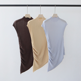 莱赛尔天丝半高领针织短袖t恤女夏季新款修身显瘦内搭打底衫上衣