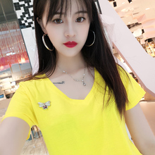 欧洲站t恤女2019夏季新款港味短袖t恤女修身韩版v领纯色上衣时尚T