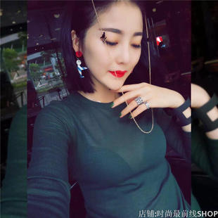 显胸微透薄款 长袖 打底衫 新款 短款 修身 韩版 欧洲站2019秋季 T恤女潮