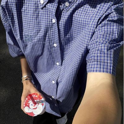 蓝色格子衬衫男短袖夏季日系复古清爽少年感穿搭休闲半袖衬衣外套