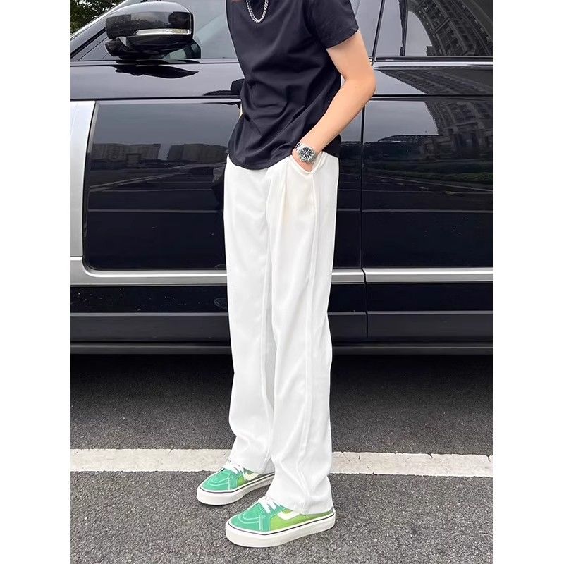 潮牌男士白色弯刀西裤高级感垂感冰丝男裤子男款夏天休闲直筒裤薄