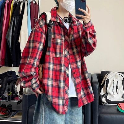 美式红色格子复古衬衫刺绣外套新款男女百搭长袖宽松设计衬衣上衣