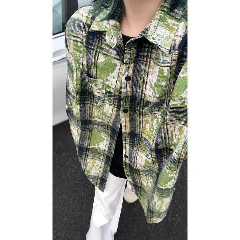 水墨晕染毛边格子衬衫男女春秋休闲宽松美式复古百搭个性衬衣外套