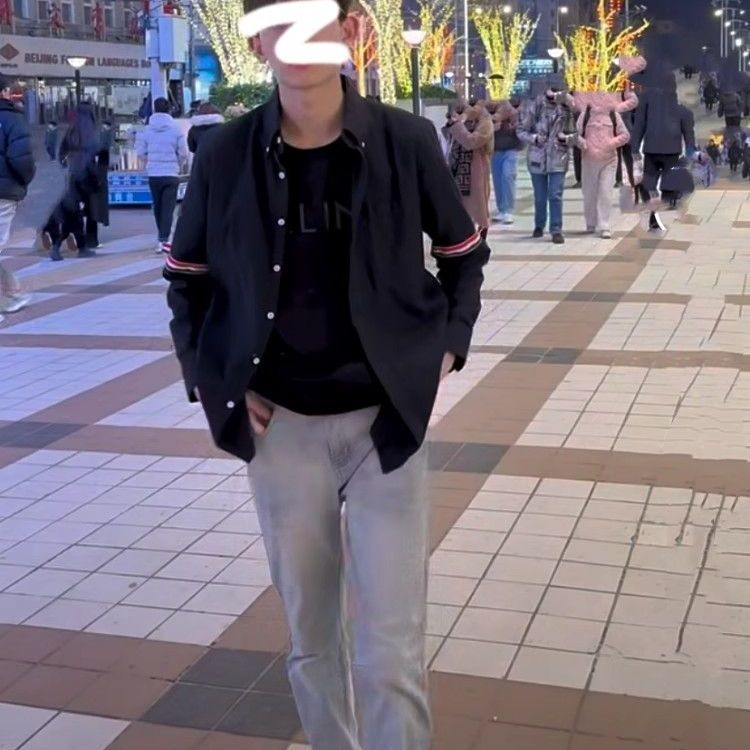 潮牌翻领衬衫情侣条纹设计百搭ins男女同款oversize长袖衬衣外套