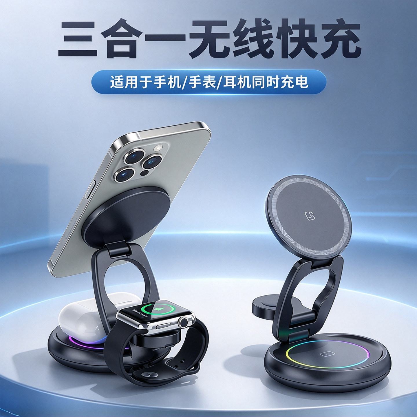 三合一无线充电器MagSafe磁吸金属折叠支架适用苹果iPhone17Promax手机16快充iWatch手表耳机桌面底座全家桶