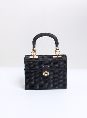 黑色方形复古草编包沙滩包编织包藤编包链条单肩斜跨手提2018女包
