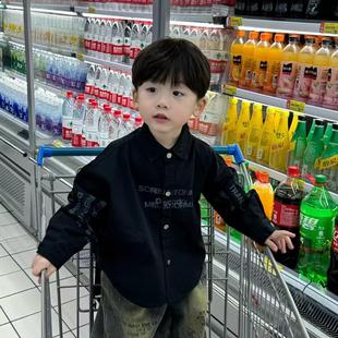 EC男童加绒衬衣潮酷黑色上衣2024新款冬装炸街帅气外套男小童