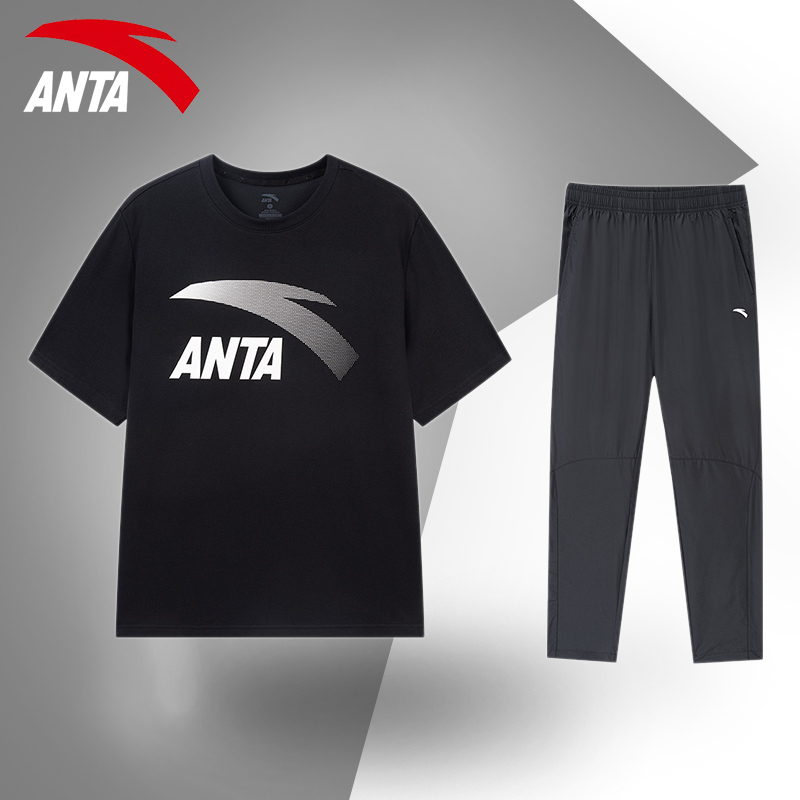 安踏男士夏季圆领跑步运动套装