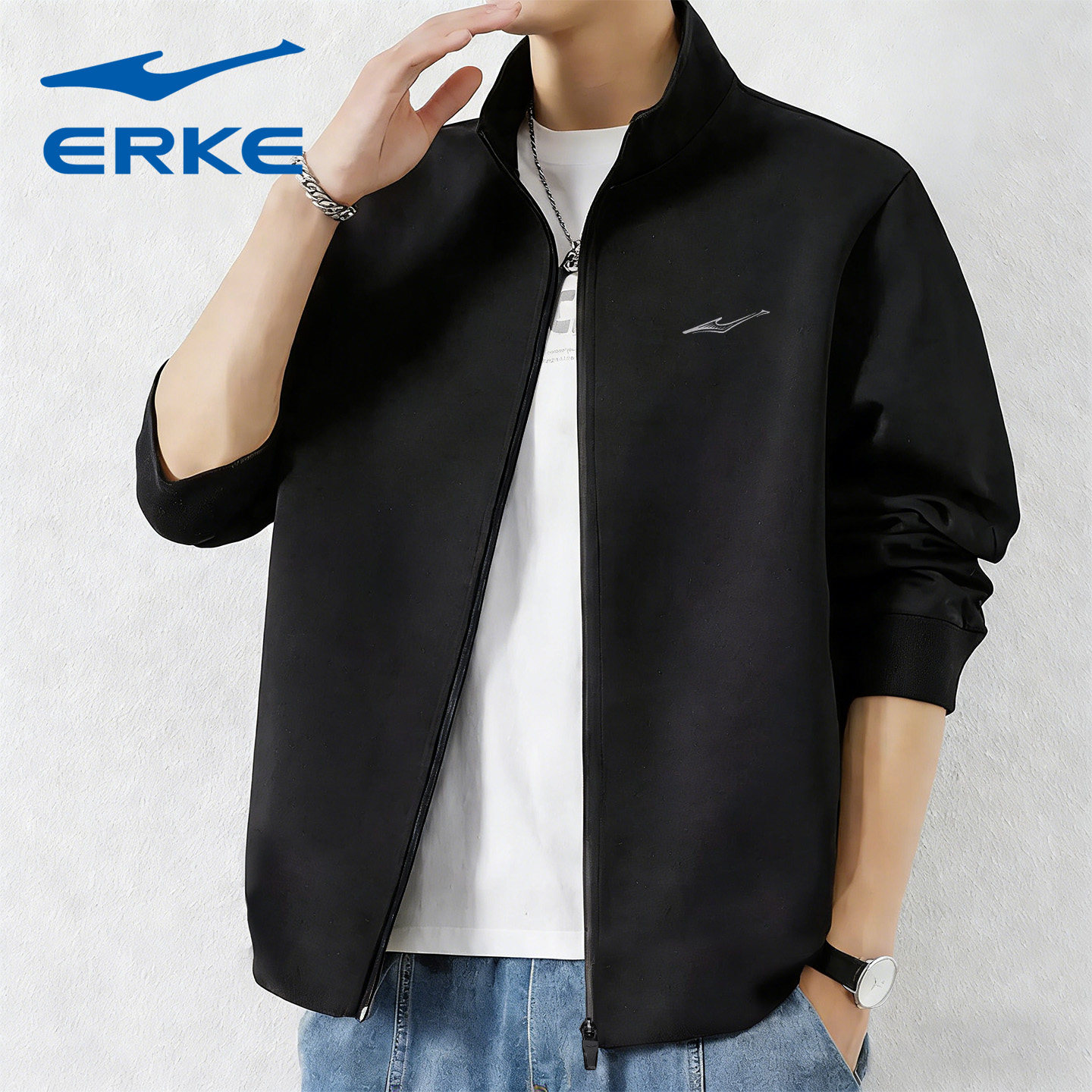 鸿星尔克外套男装春秋男士立领开衫卫衣薄款夹克旗舰店运动服上衣