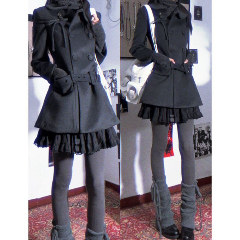 thumbnail for Korean Ju good-looking gray double-breasted low-belt woolen coat women's winter waist temperament mid-length coat