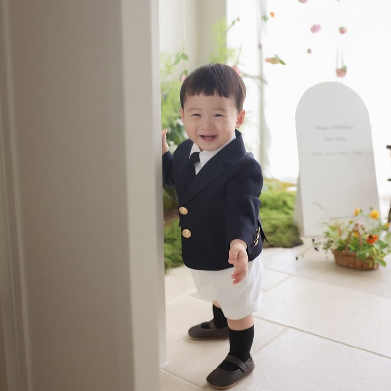 周岁男宝礼服生日抓周宴小西服平时可穿深蓝色两粒扣儿童西装套装