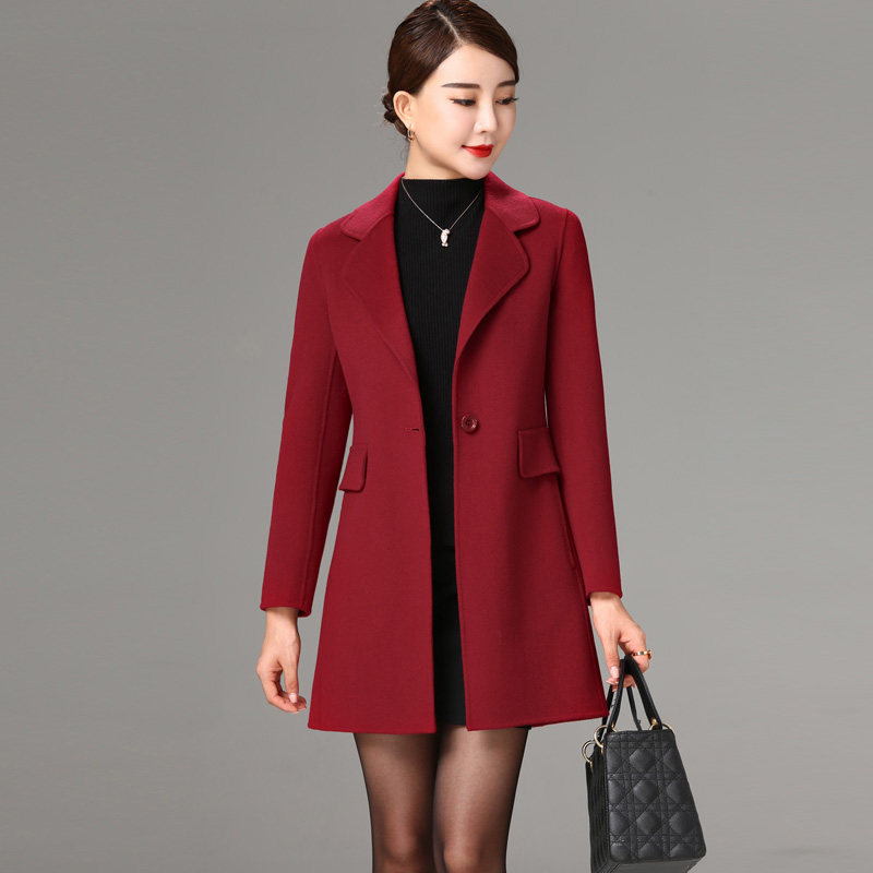 韩版正品双面羊绒大衣中长款修身正肩西装领时尚女士通勤毛呢外套