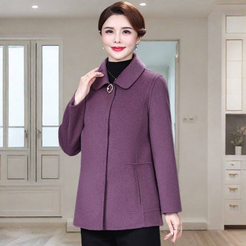 中式双面羊绒大衣女士短款直筒正肩大码宽松中老年妈妈装毛呢外套
