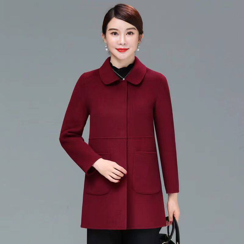 正品双面羊绒毛呢外套女中长款正肩修身小个子中老年妈妈羊毛大衣