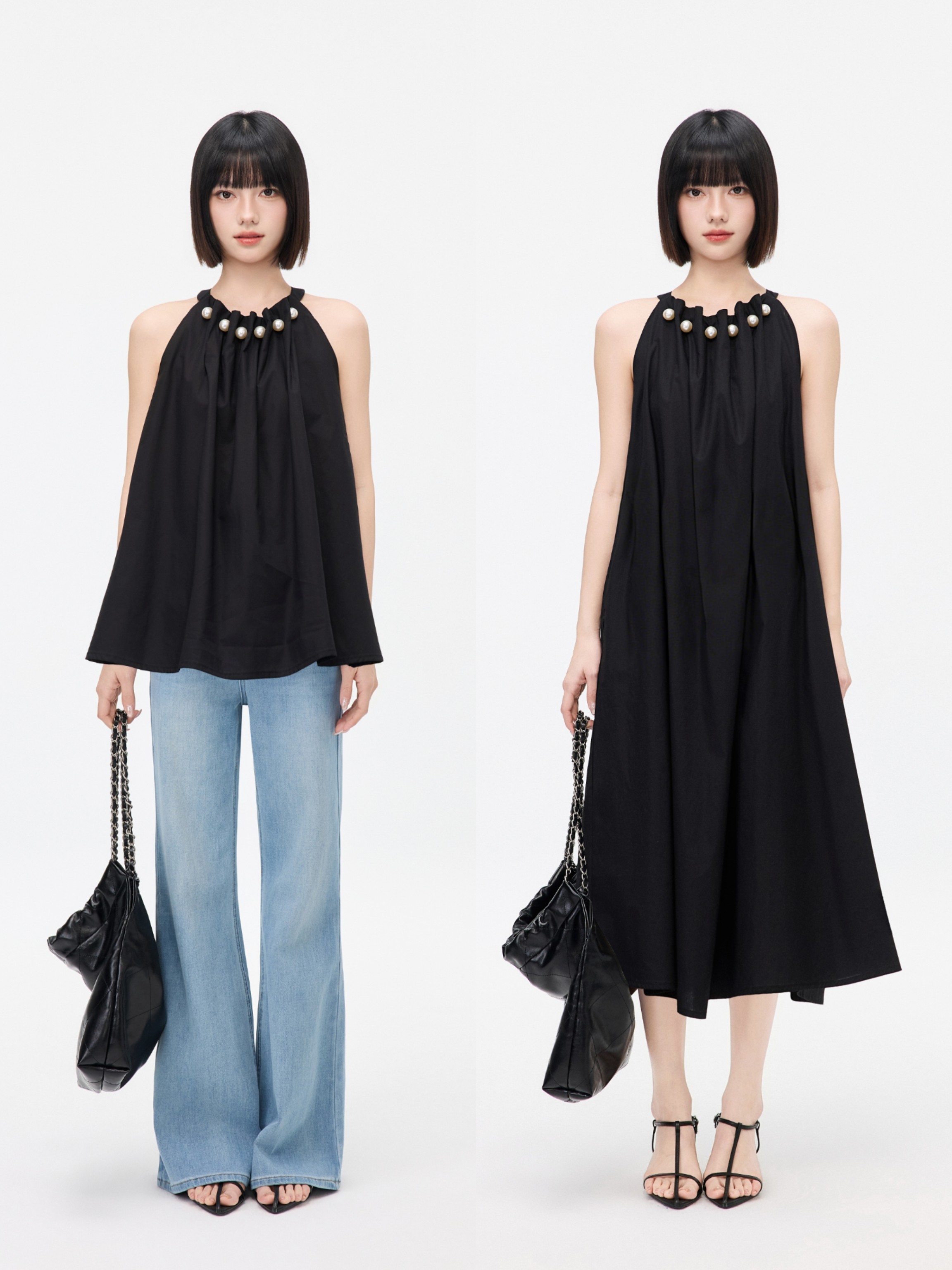 Ayemorrey&ldquo;戴珍珠耳环的少女&rdquo;重工主推黑色春夏优雅吊带连衣裙