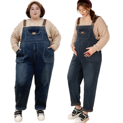 大码背带裤女2025新款加绒孕妇裤子200斤冬季加厚牛仔裤加肥保暖