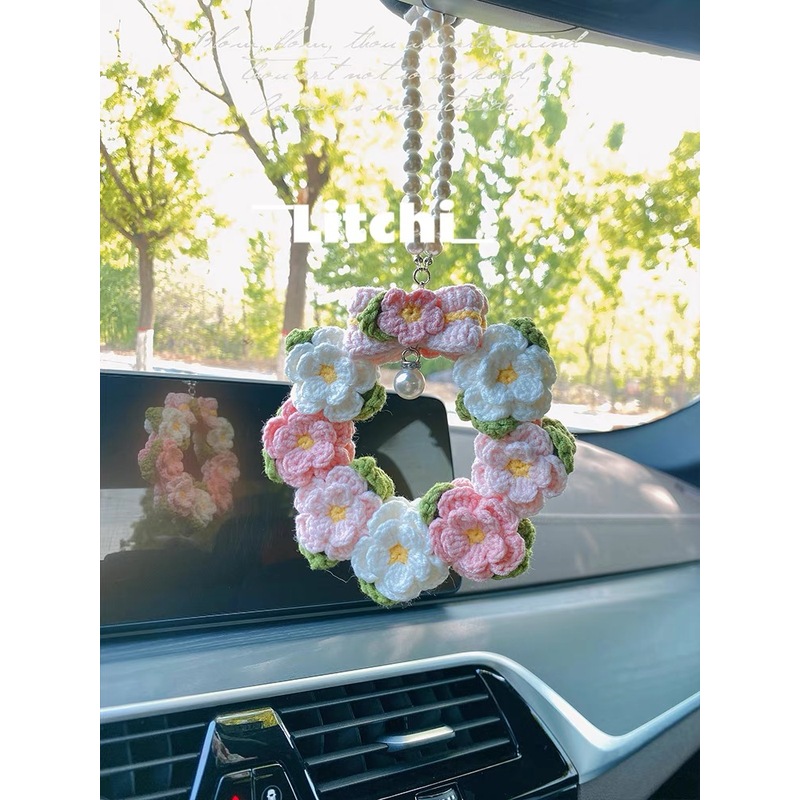 成品手工钩织山茶花环挂件毛线编织铃兰车挂编织钥匙扣包包挂饰件