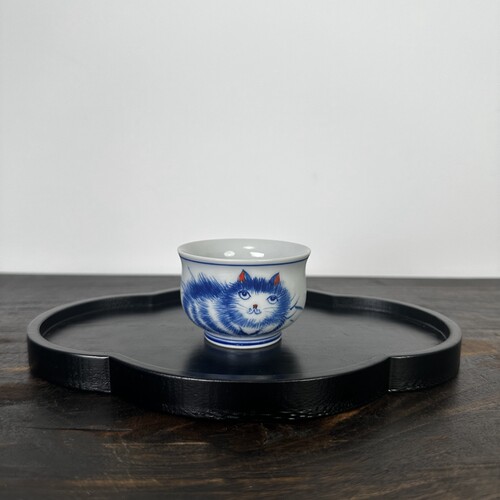 景德镇手绘青花猫咪主人杯仿古釉下彩招财猫品茗杯陶瓷功夫茶杯