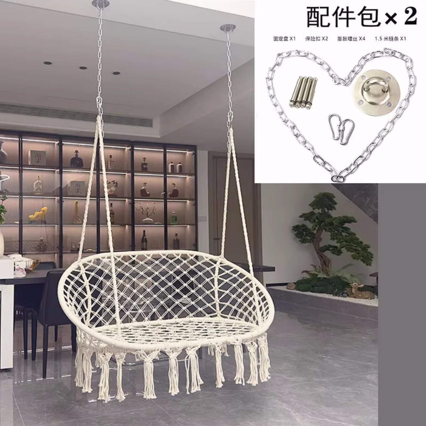ins北欧风室内外吊椅双人秋千阳台庭院摇篮 手工编织流苏吊篮吊床