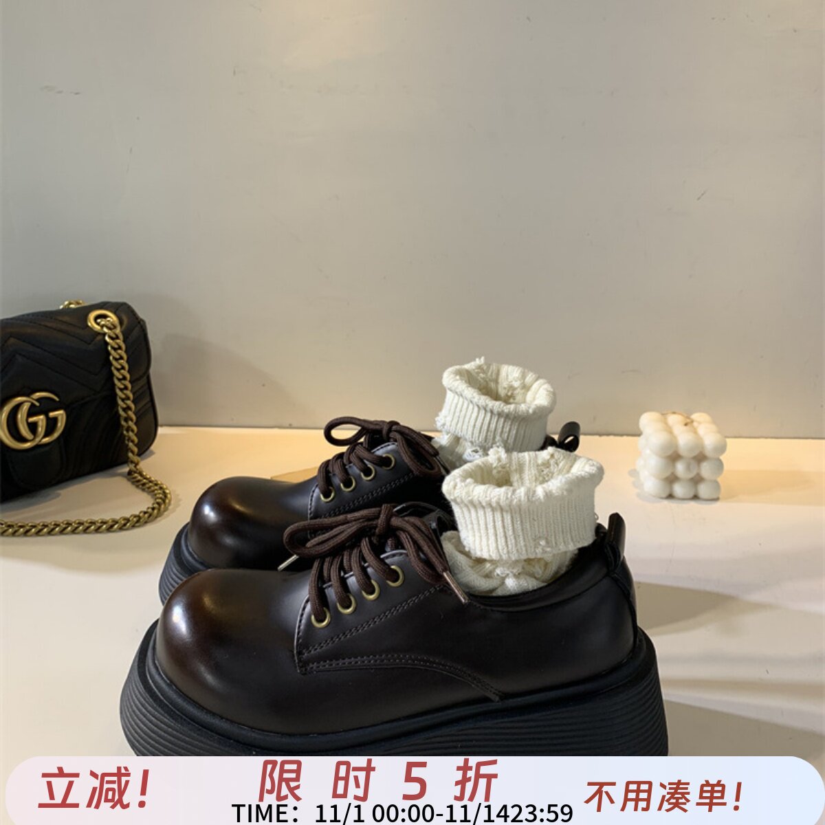 大头甜酷黑色厚底小皮鞋女款2025秋季新款流行复古英伦风系带单鞋