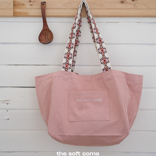 大容量加厚刺绣单肩托特包 The soft come双面可用 粉白 通勤包袋