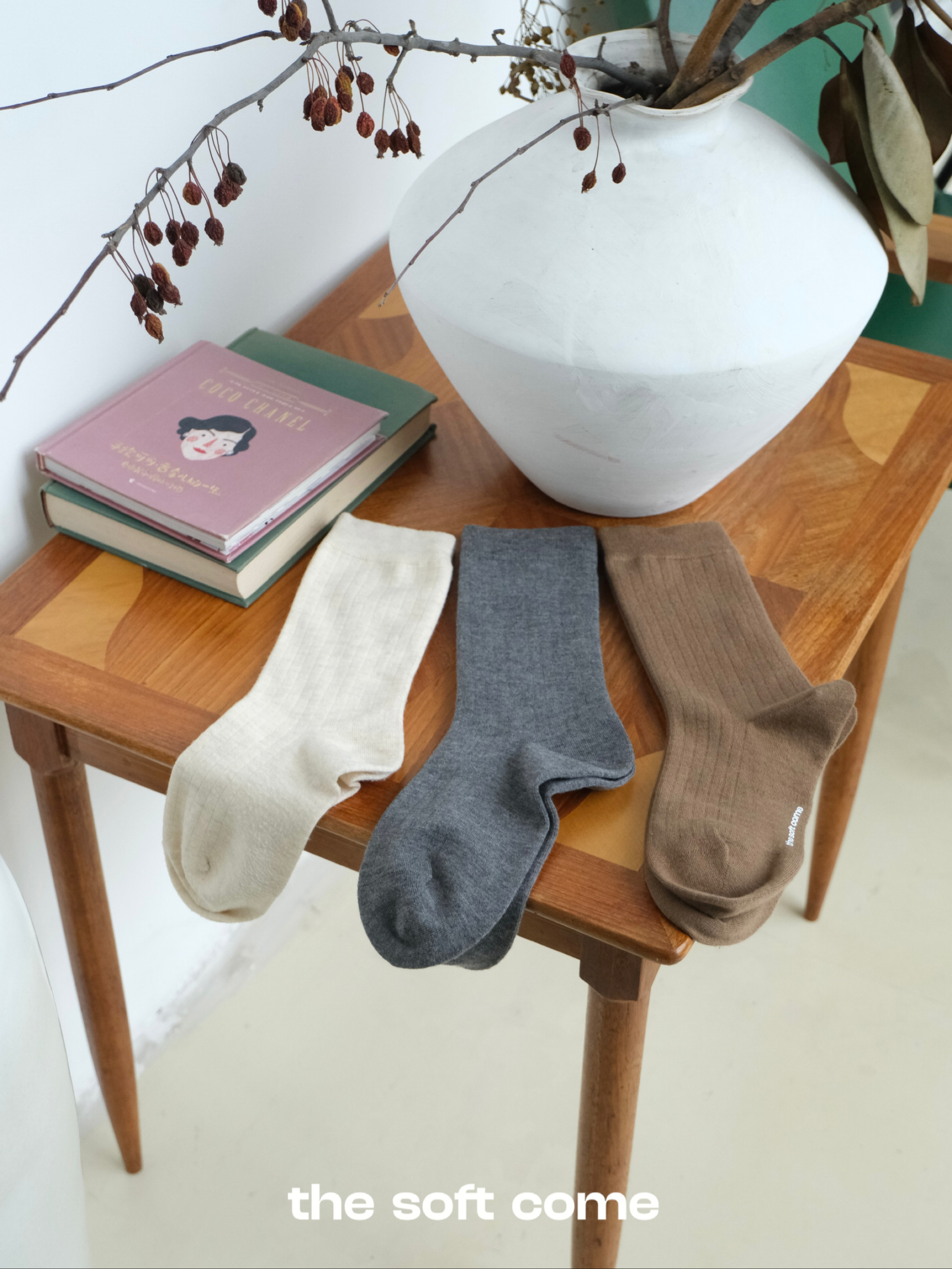 The soft come 袜子女秋冬纯色保暖针织羊毛袜无骨中筒袜堆堆袜