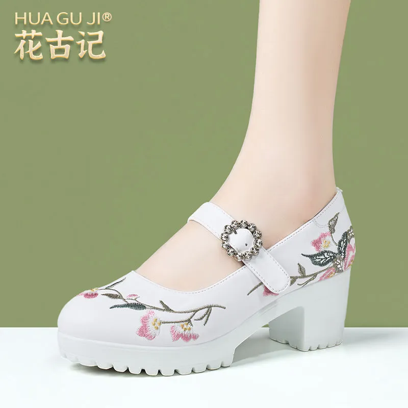 民族风中年绣花单鞋软底走秀高跟鞋女粗跟厚底中国风刺绣汉服鞋,女鞋,时尚芭蕾鞋,淘宝优惠券,粉丝福利购,淘宝优惠卷