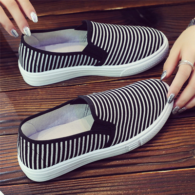 厚底懒人鞋网红帆布小白鞋子春款条纹百搭洋气一脚蹬女鞋潮鞋