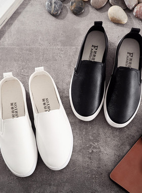 春夏季小白鞋女单鞋韩版学生懒人鞋平底皮面一脚蹬女鞋白色护士鞋