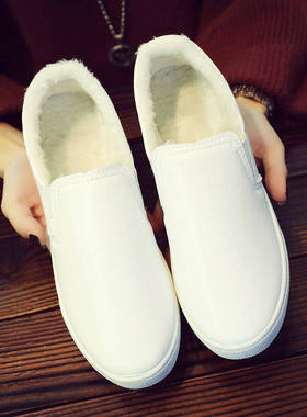 秋冬季小白鞋女棉鞋韩版学生懒人鞋平底皮面一脚蹬女鞋白色护士鞋