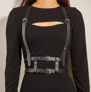 新款欧美双层皮质腰带束缚带背带百搭朋克捆绑式腰带潮款背带型腰