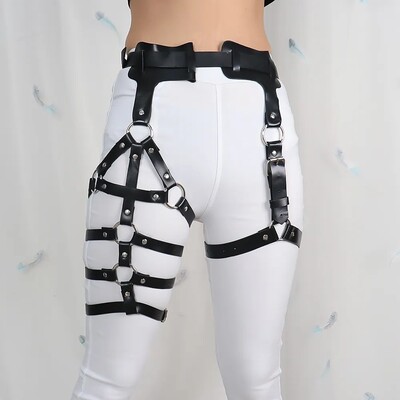 新欧美潮流街舞朋克腹部一体绑腿袜带腿环吊袜带Leather Harness