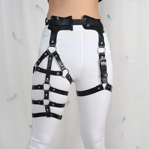 新欧美潮流街舞朋克腹部一体绑腿袜带腿环吊袜带Leather Harness