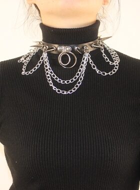 欧美狂野个性超长尖钉链条PU皮项圈原宿朋克风手工铆钉颈脖套项链
