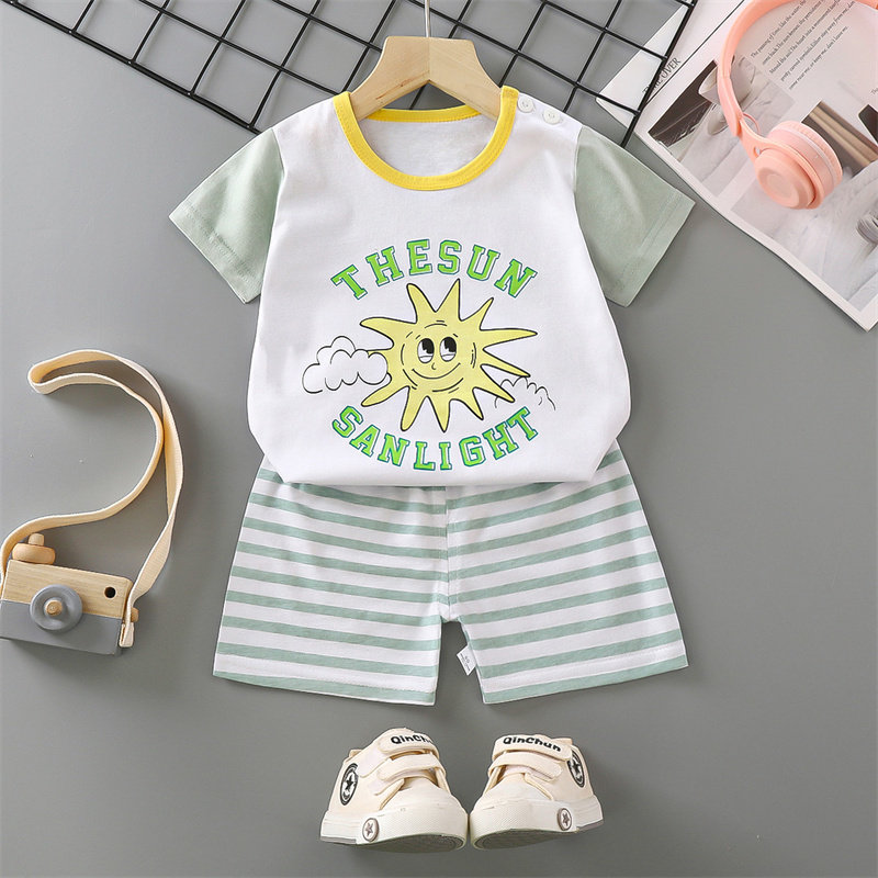 英文太阳纯棉婴幼儿童短袖t恤短裤套装夏季分体男女宝宝薄款衣服,童装/婴儿装/亲子装,套装,淘宝优惠券,粉丝福利购,淘宝优惠卷