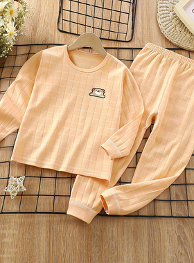 橙色儿童内衣套装纯棉睡衣女童宝宝秋衣秋裤全棉男童家居服童装