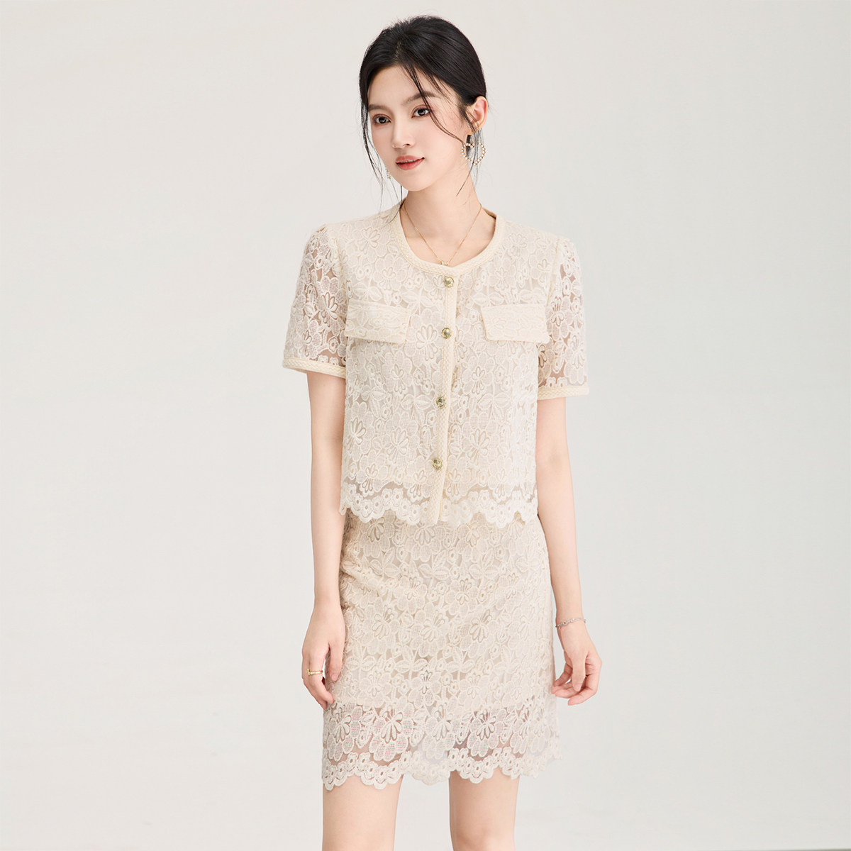 高级感蕾丝套装女显瘦夏季天丝棉刺绣上衣+半身裙两件套装小个子