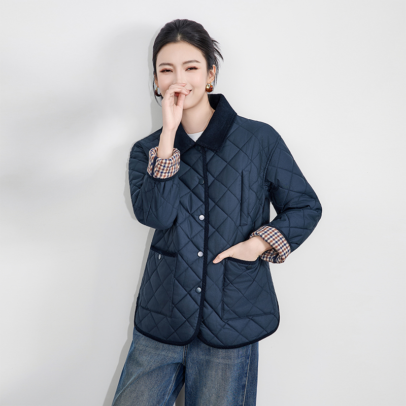加厚菱形格夹棉外套女气质
